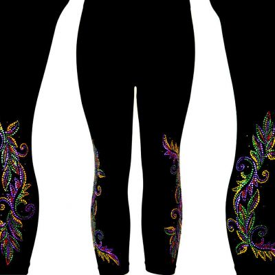 Plus Capri Leggings Embellished Rhinestone & Shiny Stud Party Mardi Gras Leaves